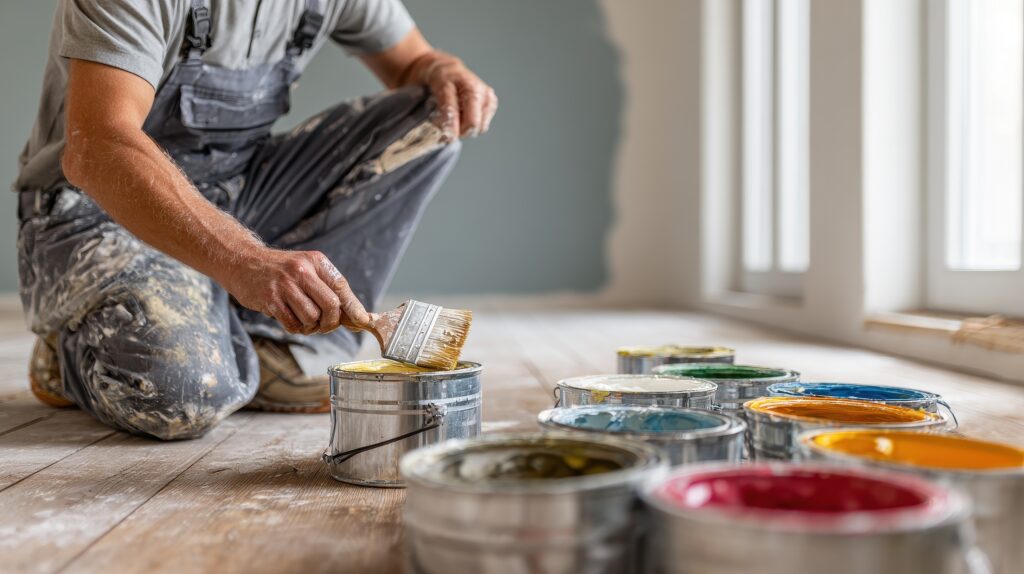expert painter with paint cans of different colors